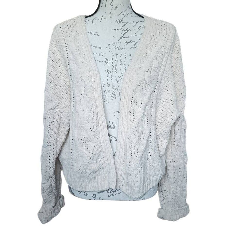 Moon & Madison Women's Size Large Cream Beige Woven Short Soft Chenille Cardigan